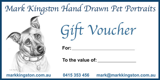 Gift voucher for Mark Kingston Hand Drawn Pet Portraits with a dog illustration on a white background.