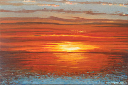 Red Horizon original oil painting by Mark Kingston showing dramatic sunset over ocean